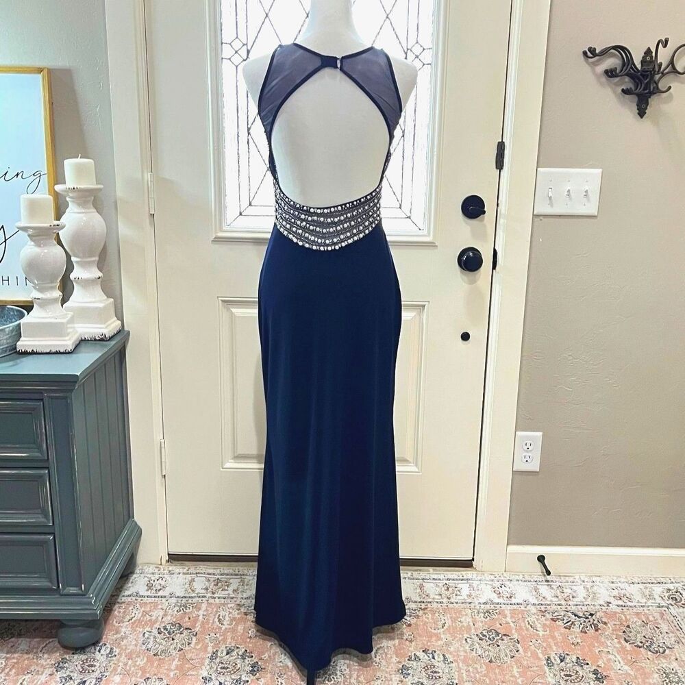 Blondie Nites Navy Open Back Beaded Dress Size 5